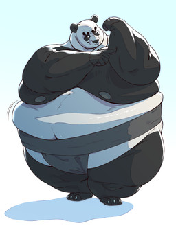 anthro asian_clothing belly belly_jiggle big_belly black_body black_fur chubby_cheeks claws clothed clothing east_asian_clothing eye_markings fat_rolls flexing fur gesture hand_gesture japanese_clothing jiggling love_handles male markings mawashi moobs motion_lines musclegut muscular muscular_anthro muscular_male navel neck_rolls nipples obese obese_anthro obese_male overweight overweight_anthro overweight_male pointing pointing_at_self smile smirk solo standing sumo thick_thighs toe_claws topless white_body white_fur wide_hips pearypanda bear giant_panda mammal absurd_res hi_res