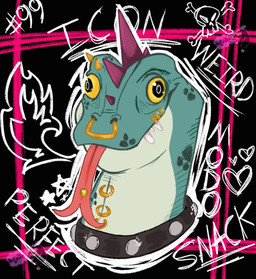 anthro collar derp_eyes facial_piercing green_body green_scales head_spikes male mouth_piercing neck_piercing nose_piercing piercing purple_spikes scales solo spikes spikes_(anatomy) studded_collar studs teeth text tongue tongue_out tongue_piercing white_text yellow_sclera heckjester goat_(movie) sony_corporation sony_pictures modo_olachenko komodo_dragon lizard monitor_lizard reptile scalie 2026 digital_media_(artwork) english_text hi_res watermark