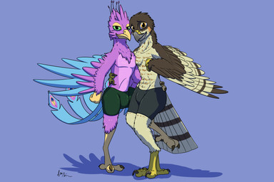 anthro avian_feet beak biped blue_body clothing duo feathered_crest feathered_wings feathers green_eyes head_crest male pink_body pose tail tail_feathers winged_arms wings doesnotexist gyro_feather lief_woodcock accipiter accipitrid accipitriform avian bird eurasian_sparrowhawk galliform peafowl phasianid true_hawk 3:2 digital_media_(artwork) hi_res
