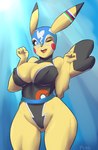 2014 anthro anthrofied big_breasts biped blue_eyes breasts camel_toe cleft_tail clothing cosplay_pikachu_(character) cosplay_pikachu_(costume) curvy_figure directional_arrow female fur generation_1_pokemon heart_tail hi_res liveforthefunk looking_at_viewer luchador mammal nintendo nipple_outline one_eye_closed open_mouth pikachu pikachu_libre pokemon pokemon_(species) pokemorph rodent shopped solo standing tail third-party_edit tongue voluptuous wide_hips wink wrestler yellow_body yellow_fur