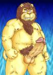 anthro balls belly big_penis blush erection genitals humanoid_genitalia humanoid_penis male moobs navel nipples overweight overweight_anthro overweight_male penis solo kondo_musashi musabo3neo felid lion mammal pantherine 2016 hi_res