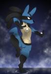 anthro biped fur male outside red_eyes sky solo v-d-k nintendo pokemon canid canine generation_4_pokemon lucario mammal pokemon_(species) 2017 absurd_res hi_res