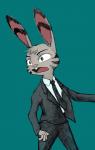 anthro black_stripes blue_background bottomwear buckteeth clothed clothing ear_markings facial_markings fully_clothed fur grey_body grey_fur head_markings head_tuft markings necktie open_mouth pants simple_background solo striped_body striped_fur stripes suit teeth tuft marema_kishin disney zootopia jack_savage lagomorph leporid mammal rabbit hi_res