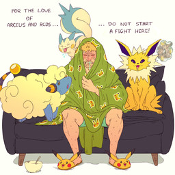 ambiguous_gender animal_slippers bedding blanket blonde_hair bodily_fluids bowl clothing container drooling feral footwear furniture group gym_leader hair ill male on_sofa open_mouth saliva shoes simple_background sitting sitting_on_sofa slippers snot snout sofa spiky_fur tail text thought_bubble tongue tongue_out white_background shittysurge nintendo pokemon lt._surge bovid canid caprine eeveelution generation_1_pokemon generation_2_pokemon generation_4_pokemon human jolteon mammal mareep pachirisu pikachu pokemon_(species) rodent sciurid 1:1 english_text hi_res