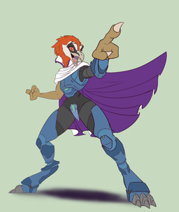 3_fingers anthro armor beak claws cloak clothing eyelashes feather_hair feathers female finger_claws fingers fist flat_chested gesture hand_gesture long_eyelashes orange_body orange_feathers pink_eyes pointing pose pseudo_hair pupils sharp_teeth simple_background slit_pupils small_waist solo standing teeth yellow_sclera alorix halo_(series) microsoft xbox_game_studios alien avian kig-yar scalie t'vaoan absurd_res colored hi_res