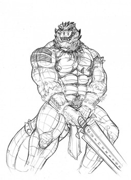 abs anthro balls barazoku barbell_piercing barely_visible_balls barely_visible_genitalia bottomwear circular_barbell_piercing clothed clothing facial_piercing front_view genitals grin holding_melee_weapon holding_object holding_sword holding_weapon loincloth male melee_weapon muscular muscular_anthro muscular_male narrowed_eyes nipple_piercing nipples nose_piercing pecs piercing septum_circular_barbell septum_piercing simple_background smile solo standing sword topless weapon crazydrak alex_(jrbart) crocodile crocodilian reptile scalie full-length_portrait hi_res monochrome portrait sketch