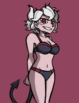 big_breasts black_bra black_clothing black_panties black_tail black_underwear bra breasts cleavage clothed clothing colored_edge_bra colored_edge_underwear ear_piercing ear_ring female freckles hair hands_behind_back horn long_tail looking_at_viewer navel panties piercing purple_background red_bra red_clothing red_eyes red_panties red_underwear ring_piercing simple_background smile solo spade_tail tail tan_body tan_skin thick_thighs underwear underwear_only white_hair white_horn wide_hips lewdthealess helltaker beelzebub_(helltaker) demon demon_humanoid horned_humanoid humanoid hi_res