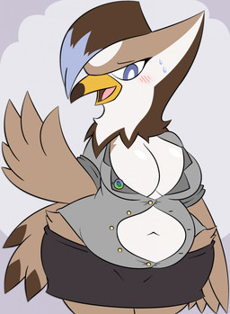 anthro beak belly big_belly big_breasts black_miniskirt blue_eyes blue_feather_hair blush bodily_fluids bottom_heavy breasts brown_body brown_feather_hair brown_feathers businesswear cleavage clothed clothing embarrassed fat_belly feather_hands feathers female glistening glistening_breasts gold_buttons grey_clothing grey_shirt grey_topwear head_crest huge_hips key_stone_(pokemon) navel neck_tuft non-mammal_breasts orange_beak overweight overweight_anthro overweight_female potbelly shirt solo sweat sweatdrop tail tail_feathers tan_body tan_feathers topwear tuft wardrobe_malfunction white_body white_feathers wide_hipped_anthro wide_hipped_female wide_hips zinzoa nintendo pokemon accipitriform avian bird generation_4_pokemon pokemon_(species) shiny_pokemon staraptor hi_res