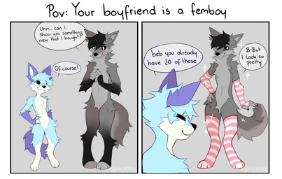 anthro biped black_sclera blue_body blue_fur blush clothing dialogue featureless_crotch femboy fur grey_body grey_fur grey_tail legwear looking_at_another male mostly_nude nude nude_anthro nude_male pattern_clothing pattern_legwear pattern_thigh_highs pink_clothing pink_legwear pink_thigh_highs smile speech_bubble standing striped_clothing striped_legwear striped_thigh_highs stripes tail talking_to_another talking_to_partner text thigh_highs white_body white_fur spraykitty canid canine fox mammal 2025 comic digital_drawing_(artwork) digital_media_(artwork) english_text