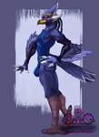 4_toes anisodactyl anthro armwear avian avian_feet beak bird blue_body blue_feathers breath_of_the_wild bulge claws clothing detailed_bulge feathers feet hi_res male nintendo one-piece_swimsuit revali rito side_view smile solo speccychicken standing swimwear tail tail_feathers the_legend_of_zelda toes