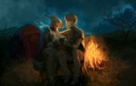 anthro apocalypse beverage boots camp campfire camping camping_tent chair clothed clothing container couples cup duo female fire footwear furniture hair jacket male mug night plant romantic romantic_couple shoes sitting sky smoke tail topwear tree vespertellino whisper_(gabrielofcreosha) canid canine canis human jackal mammal 2020 digital_media_(artwork)