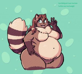 anthro belly big_belly big_breasts biped blue_eyes breasts brown_body brown_fur brown_hair countershade_torso countershading curvy_figure featureless_breasts featureless_crotch female fur gloves_(marking) green_background hair markings navel neck_tuft nude open_mouth open_smile overweight overweight_anthro overweight_female ring_(marking) ringed_tail simple_background smile solo standing striped_markings striped_tail stripes tail tail_markings tan_body tan_fur text thick_thighs three-quarter_view tuft wide_hips noctoon canid canine mammal raccoon_dog tanuki digital_drawing_(artwork) digital_media_(artwork) portrait signature three-quarter_portrait url herm_(lore)