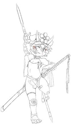anthro armor balls clothed clothing collar foreskin genitals headgear helmet humanoid_genitalia humanoid_penis katana kemono male melee_weapon penis simple_background skimpy solo sword weapon white_background shigouki canid canine mammal alternate_version_at_source hi_res line_art