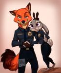 anthro barefoot bunny_ears_(gesture) cheek_tuft clothing dipstick_ears dipstick_tail duo ear_markings facial_tuft feet female fur gesture hand_gesture handshake male male/female markings multicolored_body multicolored_ears multicolored_fur multicolored_tail police police_uniform simple_background size_difference smile smirk tail tail_markings thumbs_up tuft two_tone_body two_tone_fur uniform johannathemad disney zootopia judy_hopps nick_wilde canid canine fox lagomorph leporid mammal rabbit red_fox true_fox 2016