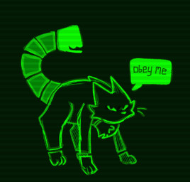 3_toes ambiguous_gender cheek_tuft command dialogue facial_tuft feet feral fur green_body green_eyes living_tail looking_at_viewer narrowed_eyes pointy_ears prick_ears question_mark simple_background snake_tail solo speech_bubble standing tail tail_mouth text toes tuft unusual_anatomy unusual_tail whiskers sillypotatochipz mysterious_cat_(tumblr) digital_creature domestic_cat felid feline felis mammal reptile scalie snake