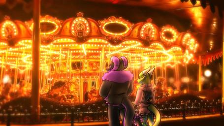 amusement_ride anthro backpack black_body carousel clothing date duo forrestsleeth green_eyes horn lights magenta_body male male/male night romantic size_difference spike_ball standing suchlambada17 mythology neeco_neecoola dragon goo_creature mythological_creature mythological_scalie scalie hi_res