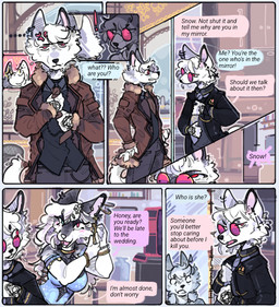 anthro breasts clothing dialogue eyewear female fur glasses group hair male piercing speech_bubble tattoo text white_body white_fur snowfoxy66 mythology liliam_(snowfoxy66) snow_(snowfoxy66) arctic_fox canid canid_demon canine demon fox hellhound mammal mythological_canine mythological_creature true_fox comic digital_media_(artwork) english_text hi_res