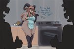 anthro appliance apron breasts clothing dialogue eyewear female fur gesture glasses group hand_gesture holding_object holding_spatula holding_tool hooves horn kitchen kitchen_appliance nipples oven slightly_chubby smile solo_focus spatula standing text thumbs_up tools wool_(fur) cinnamimi sophie_(cinnamimi) bovid caprine mammal sheep 2024 digital_media_(artwork) english_text hi_res