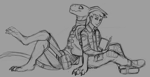 anthro big_ears book bottomwear claws clothed clothing crossed_legs duo footwear glistening glistening_eyes hair holding_book holding_object jacket male narrowed_eyes pants shoes short_hair side_view simple_background sitting three-quarter_view topwear unsigned acidic human mammal species_request hi_res monochrome sketch