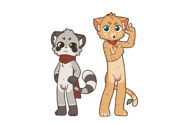 anthro balls bell bell_collar casual_nudity collar collar_only duo finger_gun flaccid foreskin fur genitals gesture gloves_(marking) green_eyes grey_body grey_fur hand_gesture leg_markings male markings mostly_nude nipples nude orange_body orange_fur penis scarf scarf_only simple_background small_penis socks_(marking) standing striped_markings striped_tail stripes tail tail_markings young capnkabi kabi_(capnkabi) temmi_(leafontail) felid feline mammal procyonid raccoon colored hi_res