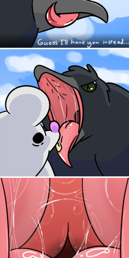 ambiguous_gender anthro black_body black_feathers bodily_fluids dialogue duo feathers feral fur green_eyes grey_body grey_fur implied_permanent oral_vore pink_nose pink_tongue revenge saliva saliva_on_tongue saliva_string talking_to_prey text tongue vore whiskers jtay avian bird corvid corvus_(genus) crow oscine passerine absurd_res english_text hi_res long_image tall_image