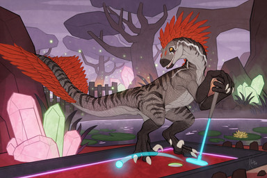 ambiguous_gender claws detailed_background feathers feral grey_body grey_scales grin markings miniature_golf outside scales semi-anthro sickle_claw side_view smile solo striped_legs striped_markings striped_neck striped_tail stripes tail tail_markings toe_claws white_claws yellow_eyes khyaber terr_(n0rad) dinosaur dromaeosaurid feathered_dinosaur feathered_scalie prehistoric_species reptile saurischian scalie theropod hi_res signature