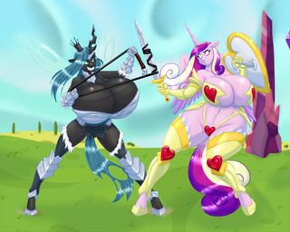 anthro armor big_breasts bikini_armor breasts duo feathered_wings feathers female hair holding_melee_weapon holding_object holding_sword holding_weapon horn huge_breasts hyper hyper_breasts long_hair melee_weapon multicolored_hair outside shield sword unconvincing_armor weapon wings blues64 marauder6272 friendship_is_magic hasbro my_little_pony mythology princess_cadance_(mlp) queen_chrysalis_(mlp) arthropod changeling_(mlp) equid equine mammal mythological_creature mythological_equine winged_unicorn 2019 5:4 hi_res