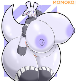 anthro areola belly big_breasts biped blush breasts clothed clothing eyebrows eyelashes female front_view gloves handwear huge_breasts huge_hips huge_thighs hyper hyper_breasts hyper_thighs legwear monotone_body nipple_dip nipples open_mouth purple_body purple_eyes simple_background solo tail text thick_thighs topwear underwear wide_hips zaclyn momoko_(zaclyn) alien 2025 character_name digital_drawing_(artwork) digital_media_(artwork) hi_res