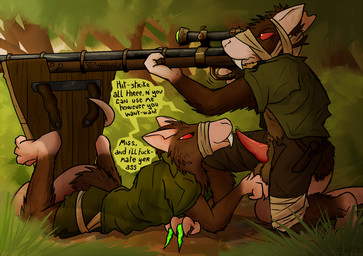 4_fingers 4_toes annoyed anthro ball_grab balls bedroom_eyes bottomwear brown_body brown_fur claws clothed clothing dialogue duo ears_back erection fangs feet fingers forest frown fully_clothed fur genitals grass gun half-closed_eyes head_wraps holding_object holding_weapon kneeling leg_wraps looking_at_another lying male male/male narrowed_eyes on_front open_bottomwear open_clothing open_mouth open_pants open_shirt open_topwear pants partially_clothed penis pivoted_ears plant ranged_weapon red_eyes rifle seductive serious shield shirt shorts sniper_rifle speech_bubble tapering_penis teeth text toes topwear tree weapon wraps pankallisti warhammer_(franchise) warhammer_fantasy mammal rodent skaven 2019 english_text signature