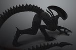 alien alien_(franchise) all_fours black_body black_tail breasts butt claws digital_media_(artwork) exoskeleton eyeless featureless_crotch female gradient_background grey_background hi_res humanoid impracticalart looking_back not_furry pointed_tail rear_view simple_background solo tail toe_claws xenomorph