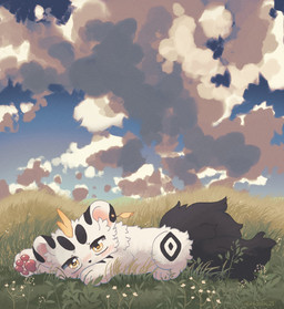 ambiguous_gender black_body black_fur blush cheek_tuft chest_tuft cloud dancing detailed_background ear_piercing facial_tuft feral fluffy fluffy_tail fur fur_markings grass horn inner_ear_fluff looking_at_viewer lying markings multicolored_body multicolored_fur open_mouth pawpads paws piercing plant round_ears solo tail tuft white_body white_fur yellow_eyes doomgazedog asian_mythology chinese_mythology east_asian_mythology fabulous_beasts fenz_(studio) mythology qishiqi_(fabulous_beasts) mythological_creature pixiu colored hi_res