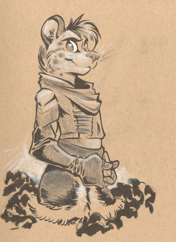 anthro biped clothed clothing eyebrows fully_clothed fur hair looking_at_viewer male markings simple_background solo spots spotted_body spotted_fur standing whiskers mittymandi mad_max mars_(thequeenofmars) felid mammal pantherine snow_leopard 2015 hi_res traditional_media_(artwork)