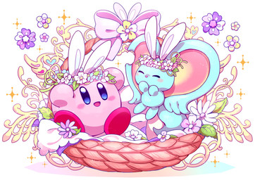 ambiguous_gender basket big_ears biped bipedal_feral blue_eyes blush blush_stickers bow_ribbon container duo fake_ears fake_rabbit_ears feral flower flower_crown fluffy fluffy_tail fur happy heart_symbol holidays looking_at_another mouthless notched_ear open_mouth open_smile pink_body plant red_body semi-anthro simple_background smile sparkles tail teal_body teal_fur white_background kyarara_renan easter kirby_(series) kirby_and_the_forgotten_land nintendo elfilin kirby alien chinchilla chinchillid mammal rodent starling_(kirby) waddling_head 2023 digital_drawing_(artwork) digital_media_(artwork) hi_res male_(lore)