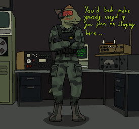armor body_armor boots camo camo_clothing camo_print clothing computer crossed_arms desk dialogue digitigrade electronics female footwear furgonomic_footwear furgonomics furniture gloves green_eyes gun hair handwear inside looking_at_viewer military_uniform pattern_clothing radio ranged_weapon scar scouter shoes solo standing table talking_to_viewer text uniform weapon fogspot project_silverfish simmi_(project_silverfish) inheritor scalie aliasing digital_media_(artwork) english_text shaded