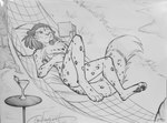 alcohol anthro barely_visible_breasts beverage book breasts casual_nudity chest_tuft cocktail cocktail_glass container convenient_censorship cup digitigrade drinking_glass female fluffy fluffy_tail fur glass glass_container glass_cup hammock holding_book holding_object lying markings martini nude on_back on_hammock one_eye_closed outdoor_nudity outside pawpads pillow reading reading_book smile solo spots spotted_body spotted_fur tail tuft under_boob conditional_dnp tom_fischbach twokinds adira_riftwall felid keidran mammal pantherine snow_leopard 2022 graphite_(artwork) hi_res monochrome signature sketch traditional_media_(artwork)