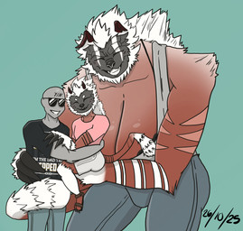 age_difference anthro big_breasts big_claws black_bra black_clothing black_nose black_shirt black_topwear black_underwear blue_bottomwear blue_clothing blue_jeans blue_pants blush blush_lines bottomwear bra breasts claws clothing denim denim_bottomwear denim_clothing dipstick_tail eyes_closed eyewear family family_photo fangs female footwear fur fur_markings grey_body grey_bottomwear grey_clothing grey_jeans grey_pants grey_shirt grey_skin grey_tank_top grey_topwear group hair hand_around_waist holding_another horn hug jeans larger_female leaning leaning_forward long_arms long_claws male male/female markings mature_anthro mature_female pants pink_clothing pink_shirt pink_topwear red_body red_fur sandals shirt shoes simple_background size_difference smaller_female smaller_male smile striped_body striped_fur stripes sunglasses t-shirt tail tail_markings tail_wrapped_around tail_wrapped_around_body tank_top teeth text text_on_clothing text_on_shirt text_on_topwear topwear trio underwear white_body white_fur white_hair younger_female younger_male crimsontyd capcom monster_hunter your_name anon gogomoa human kokomoa mammal primate primatius 2025 absurd_res dated hi_res daughter_(lore) mother_(lore) mother_and_child_(lore) mother_and_daughter_(lore) parent_(lore) parent_and_child_(lore) parent_and_daughter_(lore) stepfather_(lore) stepparent_(lore)