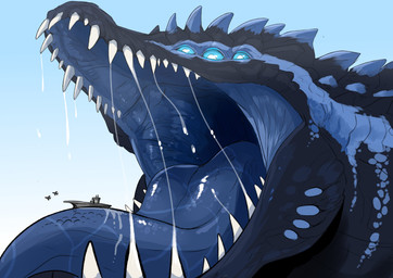 ambiguous_gender blue_body blue_eyes blue_tongue bodily_fluids feral grey_body mouth_shot multi_eye open_mouth pupils saliva saliva_on_tongue saliva_string ship solo tongue vehicle watercraft white_pupils swampjaws absurd_res hi_res