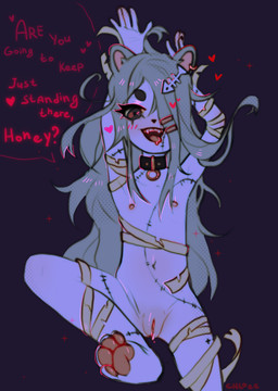 adolescent anthro blush bodily_fluids breasts collar dialogue dominant dominant_female female genitals hair heart_symbol loli long_hair looking_at_viewer lying needy nipples nude open_mouth paws saliva simple_background size_difference small_breasts smaller_female smile solo speech_bubble spread_legs spread_vulva spreading text tongue tongue_out vulva young young_anthro young_female chloeelaw domestic_cat felid feline felis ghost mammal spirit absurd_res digital_media_(artwork) english_text hi_res
