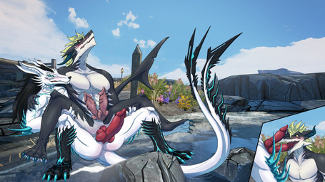 2_penises 4_eyes anal anal_penetration animal_genitalia animal_penis anthro anthro_on_anthro anthro_penetrated anthro_penetrating anthro_penetrating_anthro athletic athletic_anthro athletic_male beach bicep_grab biceps black_hair blue_eyes branch canine_genitalia canine_penis claws duo eye_contact fangs fellatio genitals hair leg_grab long_ears long_hair looking_at_another looking_at_partner male male/male male_penetrated male_penetrating male_penetrating_male markings multi_eye multi_genitalia multi_penis muscular muscular_male muscular_thighs oral outside penetration penile penile_penetration penis penis_in_ass pose raised_tail rock scales sex shark_penis shoulder_grab sky smile spikes spikes_(anatomy) spread_legs spreading tail tail_motion tailwag teeth thigh_grab thorns toothy_fellatio vein water white_body wide_chest nuree_art 2k_games borderlands mythology hancks_(nuree_art) hynvale_navayaghale_(hynvale) aquatic canid canine canis dragon fish hybrid mammal mythological_creature mythological_scalie scalie shark wolf hi_res