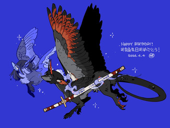 alternate_species ambiguous_gender black_body black_feathers black_fur black_hair blue_background blue_body blue_feathers blue_highlights blue_horn blue_inner_ear claws curled_tail duo feathers feral flying fur furrification grey_body grey_fur hair happy_birthday highlights_(coloring) horn inner_ear_fluff long_tail multicolored_body multicolored_fur quadruped red_body red_feathers red_horn red_inner_ear scabbard simple_background smoke sparkles tail text tuft white_inner_ear_fluff kgdjeisk limbus_company mythology project_moon araya_(limbus_company) ryoshu_(limbus_company) dragon furred_dragon furred_scalie horned_dragon mythological_creature mythological_scalie scalie winged_dragon 2026 dated english_text hi_res japanese_text signature widescreen daughter_(lore) female_(lore) mother_(lore) mother_and_child_(lore) mother_and_daughter_(lore) parent_(lore) parent_and_child_(lore) parent_and_daughter_(lore)