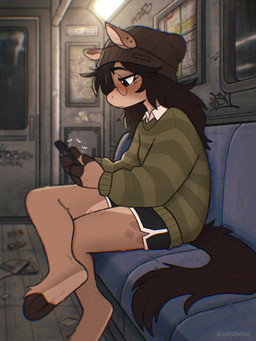 anthro barefoot beanie black_bottomwear black_clothing black_hair black_shorts black_tail bottomwear cellphone chair clothed clothed_anthro clothed_female clothing cloven_hooves crossed_legs ear_piercing electronics eyebrows eyelashes eyewear feet female female_anthro fingers furniture glasses hair hat headgear headwear holding_cellphone holding_object holding_phone hooved_fingers hooved_plantigrade hooved_toes hooves long_hair on_chair pattern_clothing pattern_sweater pattern_topwear phone piercing plantigrade public_transportation rapid_transit round_glasses shorts sitting sitting_on_chair smartphone soles solo striped_clothing striped_sweater striped_topwear stripes subway sweater tail topwear wearing_glasses jayrnski kiko_(jayrnski) equid equine horse mammal 2026 3:4 hi_res