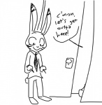 2016 anthro black_and_white clothed clothing dialogue disney english_text fully_clothed fur jack_savage lagomorph leporid looking_down male mammal monochrome necktie offscreen_character rabbit simple_background smile solo speech_bubble text the_weaver white_background zootopia