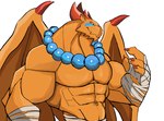 abs anthro arm_wraps beaded_jewelry beaded_necklace beads biceps big_muscles guardian horn jewelry male markings monk muscular muscular_anthro muscular_male navel necklace orange_body pecs simple_background solo white_background wings wraps darknaigart breath_of_fire capcom mythology garr_(breath_of_fire) draconic dragon mythological_creature mythological_scalie scalie 2021 absurd_res hi_res