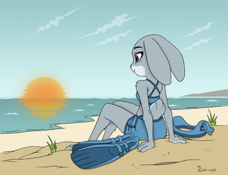 anthro barefoot beach clothed clothing cloud countershade_feet countershading ears_down feet female fully_clothed midriff outside paws pivoted_ears plantigrade purple_eyes sand scut_tail sea seaside short_tail sitting sky solo sun swimwear tail toes water darkbunny666 shoxxe third-party_edit disney zootopia judy_hopps lagomorph leporid mammal rabbit color_edit colored hi_res