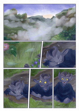 ambiguous_gender anthro biped black_body black_fur clothing day eyes_closed fangs fur grass green_eyes horn light open_mouth outside plant shirt shocked sky sleeping solo sunlight teeth topwear waking_up yellow_sclera bjekkergauken imbali_(bjekkergauken) unknown_species 2025 colored comic hi_res