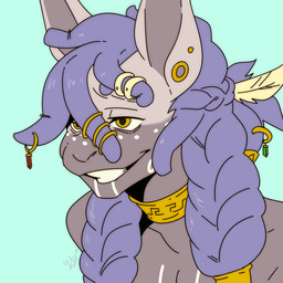 accessory ambiguous_gender anthro bodypaint braided_hair braided_pigtails choker dreadlocks ear_piercing ear_ring face_paint feathers fur gem gold_(metal) gold_jewelry hair hair_accessory half-closed_eyes jewelry male narrowed_eyes necklace nude piercing purple_body purple_fur purple_hair ring_piercing seductive simple_background smile smirk smug smug_expression smug_eyes smug_face smug_grin solo teeth yellow_eyes kogut_klein zuma_(hobunculus) camelid llama mammal 1:1 digital_media_(artwork) hi_res portrait