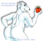 2007 anthro apple bear biped black_nose blaque_panther blue_eyes breasts butt claws dialogue digital_media_(artwork) english_text female food fruit fur grin leaning leaning_forward looking_at_viewer looking_back mammal nude plant polar_bear portrait rear_view seductive shadow side_boob signature simple_background slightly_chubby smile solo standing text third-party_edit three-quarter_portrait ursine white_background white_body white_fur