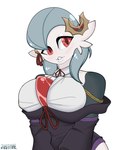 accessory bell big_breasts black_clothing black_dress breasts clothing dress female grey_hair hair hair_accessory not_furry red_eyes simple_background solo white_body white_skin just_mae nintendo pokemon fan_character testament_(solar_kosmo) gardevoir generation_3_pokemon humanoid pokemon_(species) 2022 hi_res signature