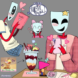 ambiguous_gender blush blush_lines book cellphone clothed clothing dessert duo electronics fake_ears female female/female food grey_background hoodie ice_cream mask phone reading simple_background simple_face smile taking_picture text topwear pankk0 glitch_productions the_amazing_digital_circus gangle_(tadc) zooble_(tadc) animate_inanimate humanoid living_mask 1:1 2025 digital_media_(artwork) english_text hi_res reference_image