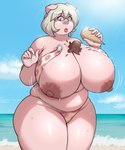 5_fingers anthro areola beach big_breasts bikini bikini_bottom bikini_top blonde_hair blue_eyes breasts clothing cloud curvy_figure dessert detailed_background erect_nipples eyebrow_through_hair eyebrows eyelashes eyewear female fingers food glasses hair holding_food holding_ice_cream_cone holding_object huge_breasts ice_cream ice_cream_cone ice_cream_on_breasts legs_together lipstick looking_down makeup motion_lines nipple_dip nipples outside pink_body pink_eyes pink_lipstick round_glasses sand short_hair sky slightly_chubby solo standing swimwear thick_thighs translucent translucent_hair two-piece_swimsuit voluptuous wardrobe_malfunction water wearing_glasses white_hair wide_hips fimif genevieve_susalee domestic_pig mammal suid suine sus_(pig) 2024 absurd_res hi_res